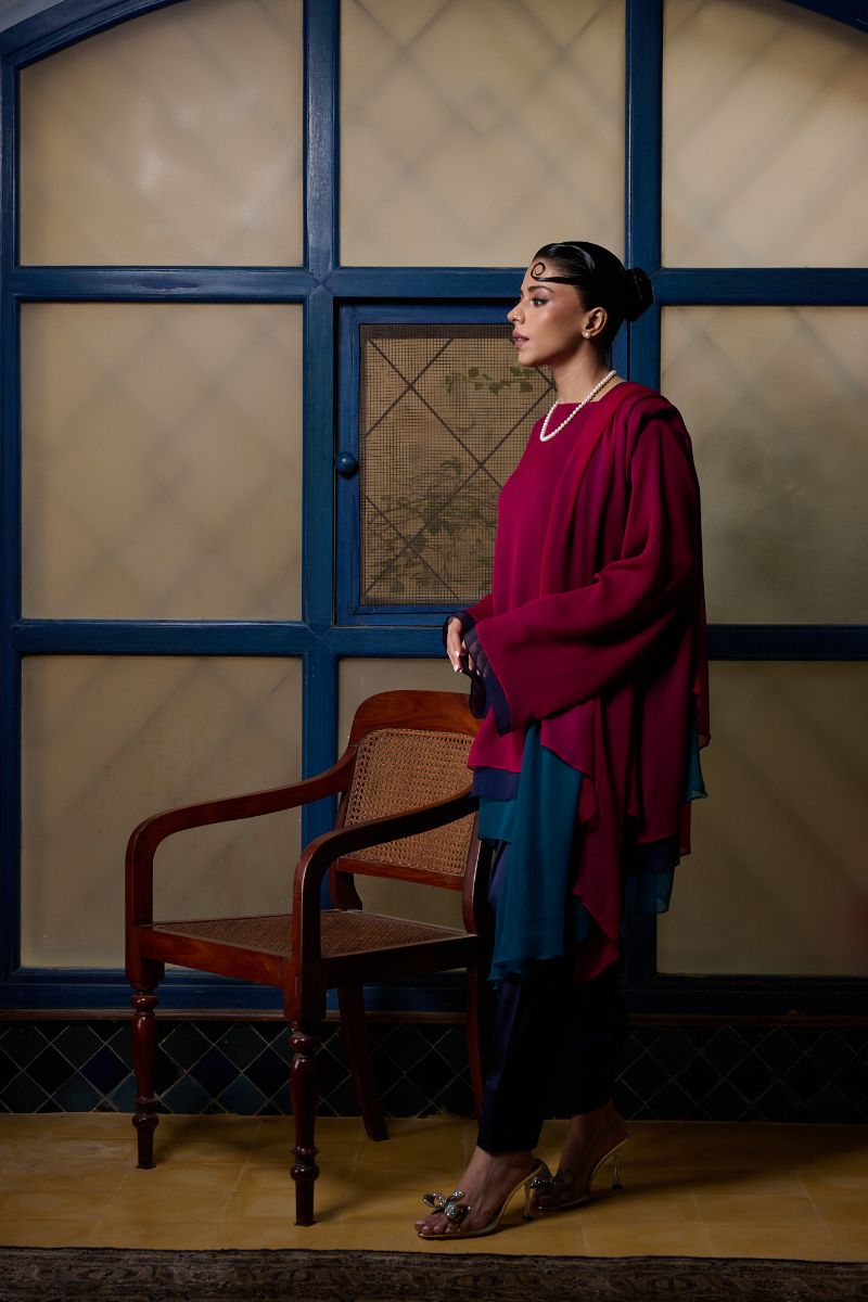 Gulabo - BERRY STUNNA - Blended Chiffon + Satin Silk - Fuchsia/Navy/ Emerald - 3 Piece