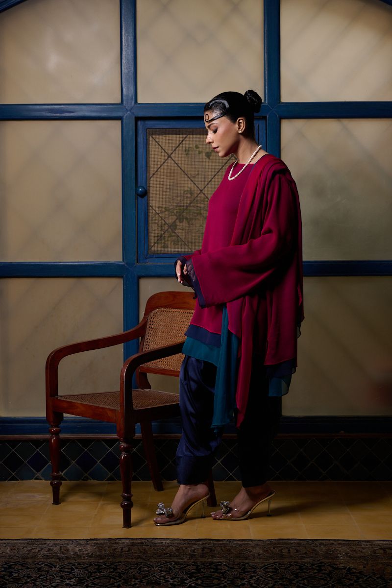 Gulabo - BERRY STUNNA - Blended Chiffon + Satin Silk - Fuchsia/Navy/ Emerald - 3 Piece