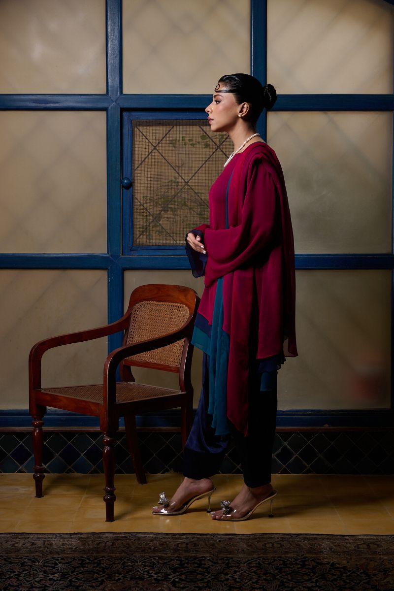 Gulabo - BERRY STUNNA - Blended Chiffon + Satin Silk - Fuchsia/Navy/ Emerald - 3 Piece