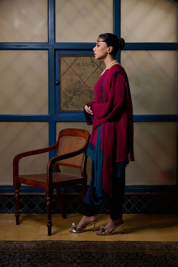 Gulabo - BERRY STUNNA - Blended Chiffon + Satin Silk - Fuchsia/Navy/ Emerald - 3 Piece