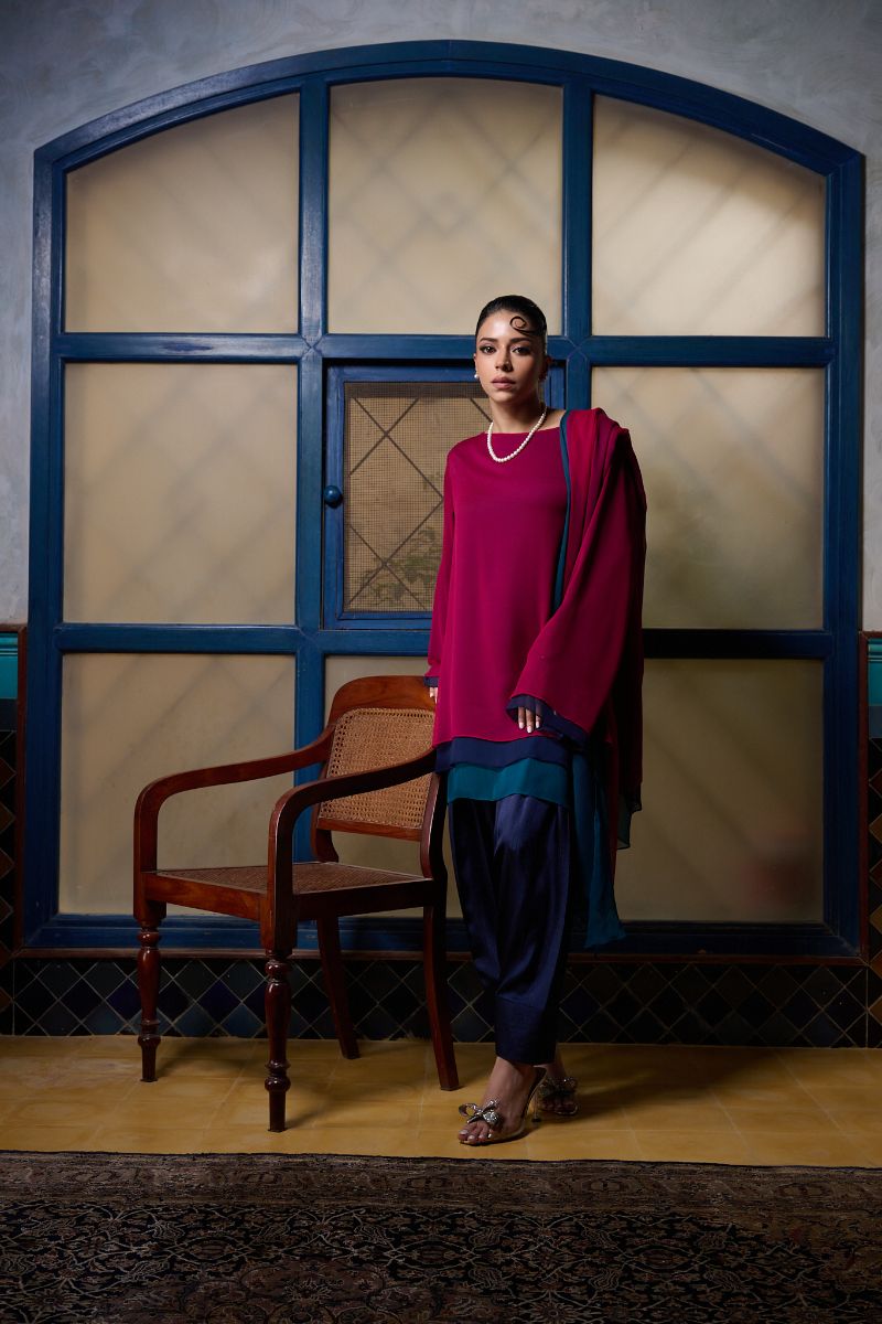 Gulabo - BERRY STUNNA - Blended Chiffon + Satin Silk - Fuchsia/Navy/ Emerald - 3 Piece