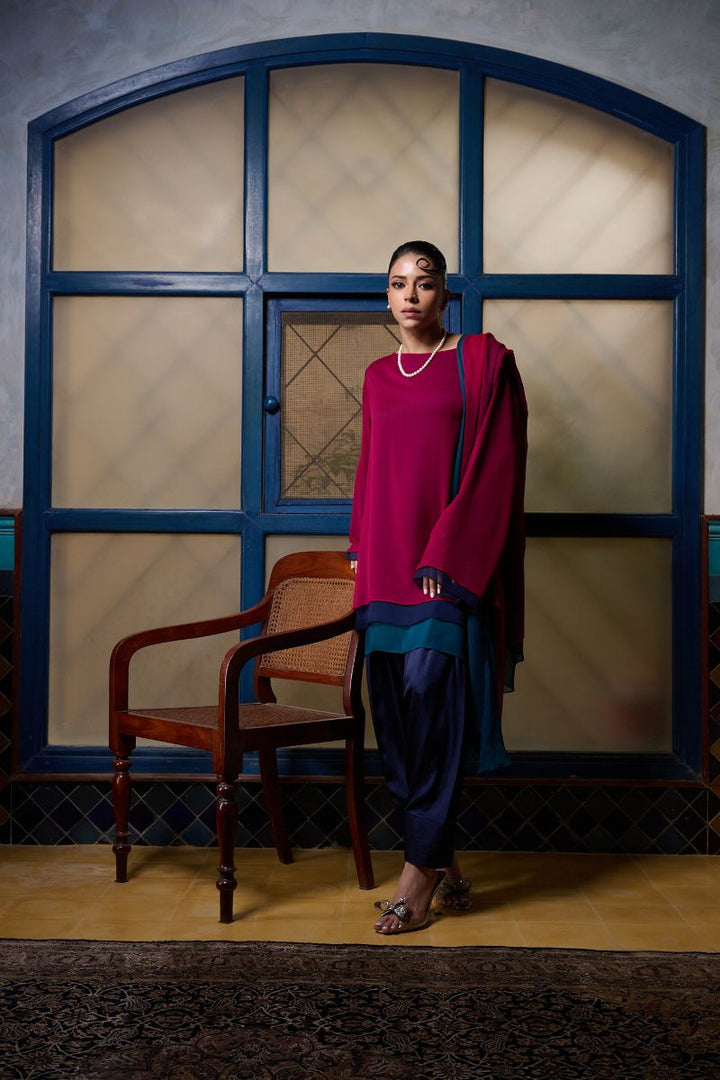 Gulabo - BERRY STUNNA - Blended Chiffon + Satin Silk - Fuchsia/Navy/ Emerald - 3 Piece