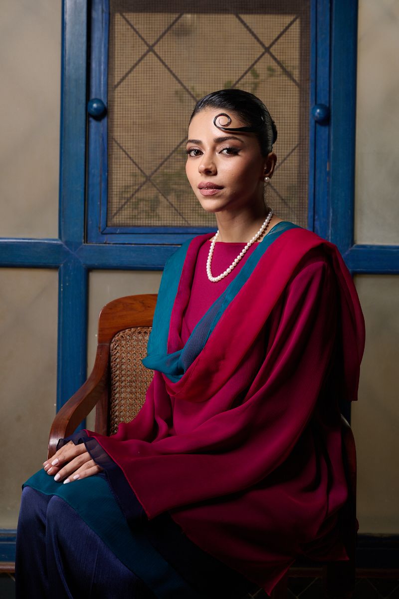 Gulabo - BERRY STUNNA - Blended Chiffon + Satin Silk - Fuchsia/Navy/ Emerald - 3 Piece