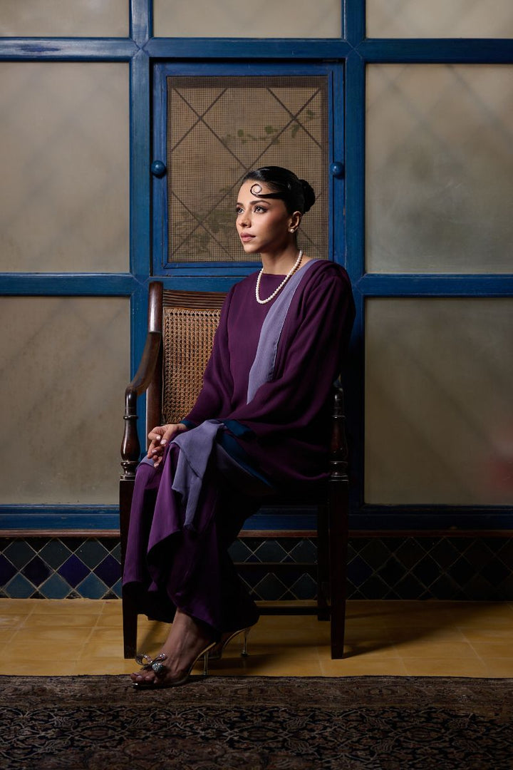 Gulabo - AMYTHEST - Blended Chiffon + Satin Silk - Purple Emerald/Grey - 3 Piece