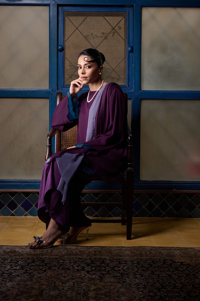 Gulabo - AMYTHEST - Blended Chiffon + Satin Silk - Purple Emerald/Grey - 3 Piece