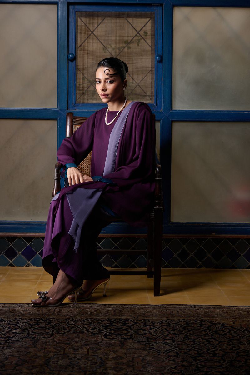 Gulabo - AMYTHEST - Blended Chiffon + Satin Silk - Purple Emerald/Grey - 3 Piece