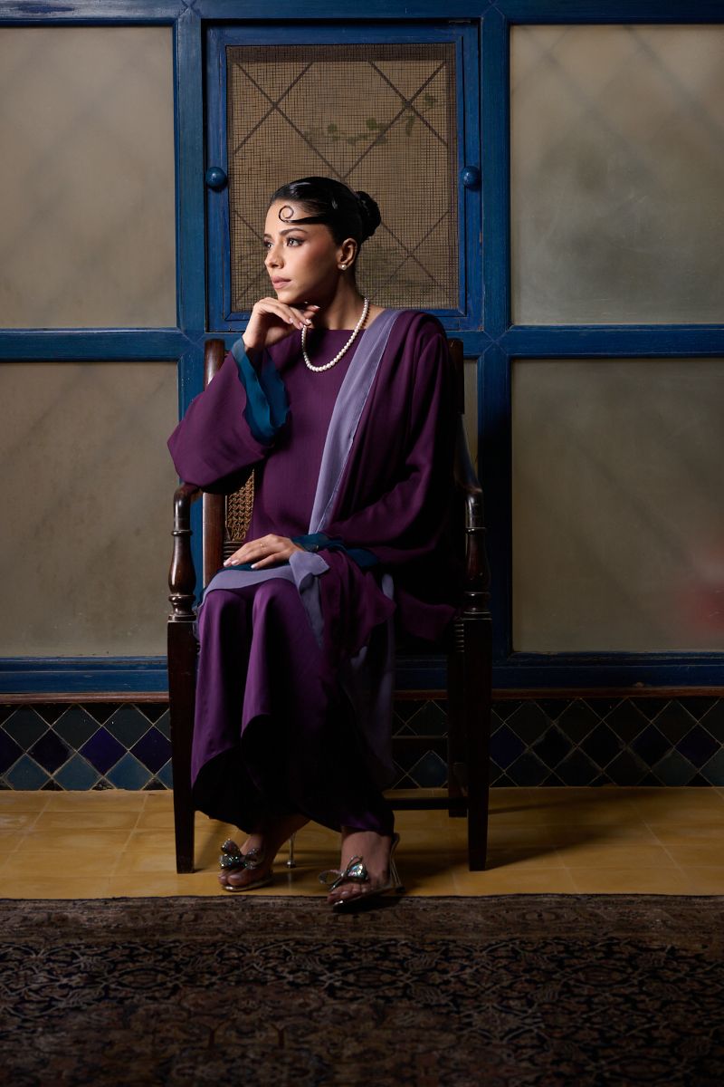 Gulabo - AMYTHEST - Blended Chiffon + Satin Silk - Purple Emerald/Grey - 3 Piece