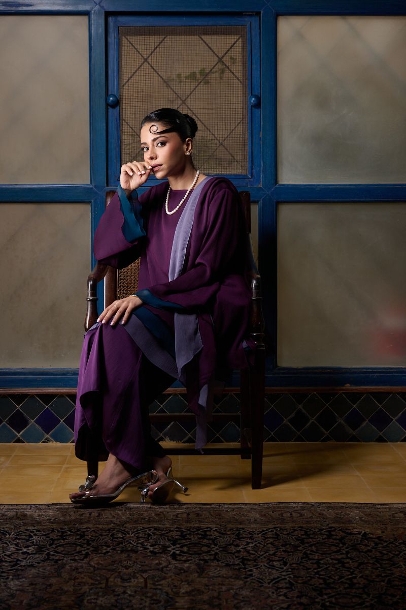 Gulabo - AMYTHEST - Blended Chiffon + Satin Silk - Purple Emerald/Grey - 3 Piece