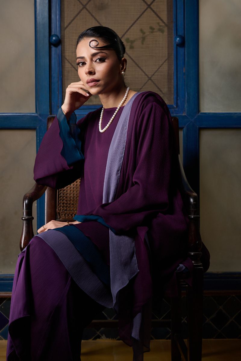 Gulabo - AMYTHEST - Blended Chiffon + Satin Silk - Purple Emerald/Grey - 3 Piece