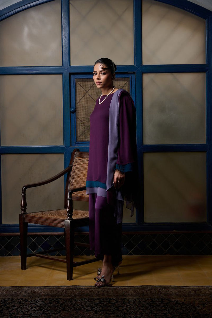 Gulabo - AMYTHEST - Blended Chiffon + Satin Silk - Purple Emerald/Grey - 3 Piece