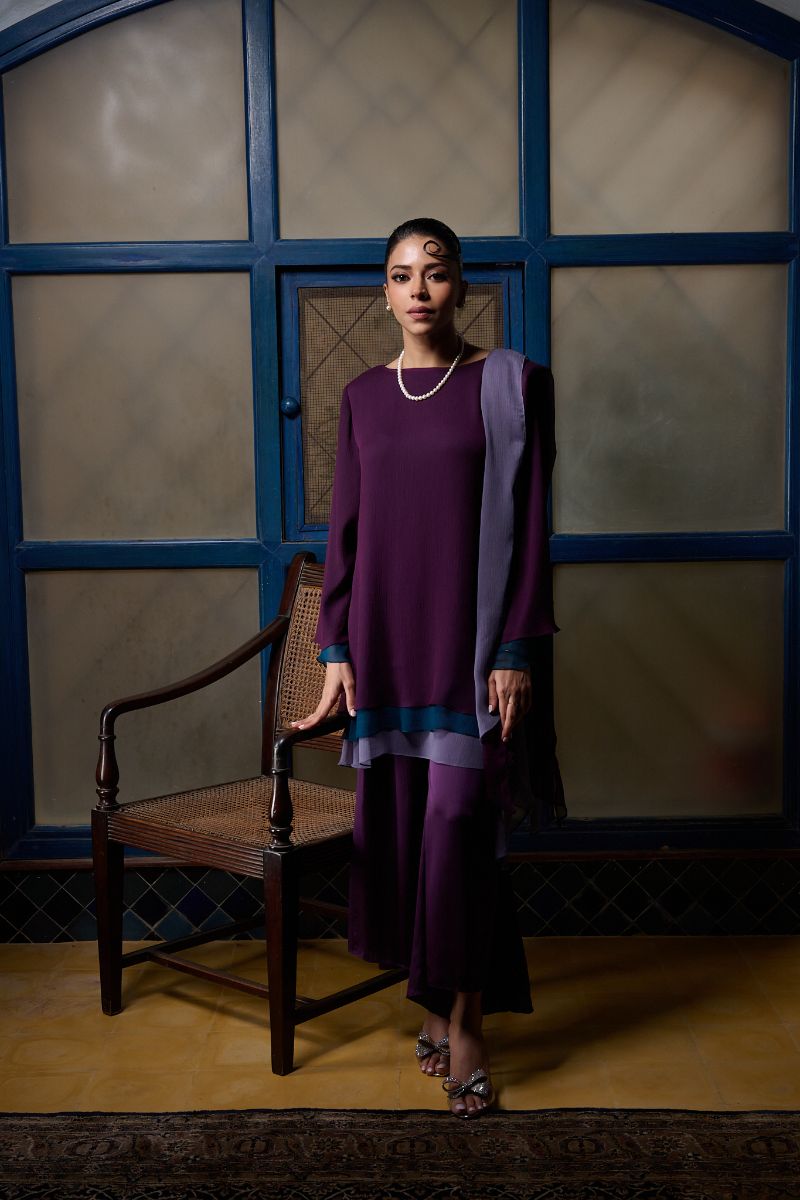 Gulabo - AMYTHEST - Blended Chiffon + Satin Silk - Purple Emerald/Grey - 3 Piece