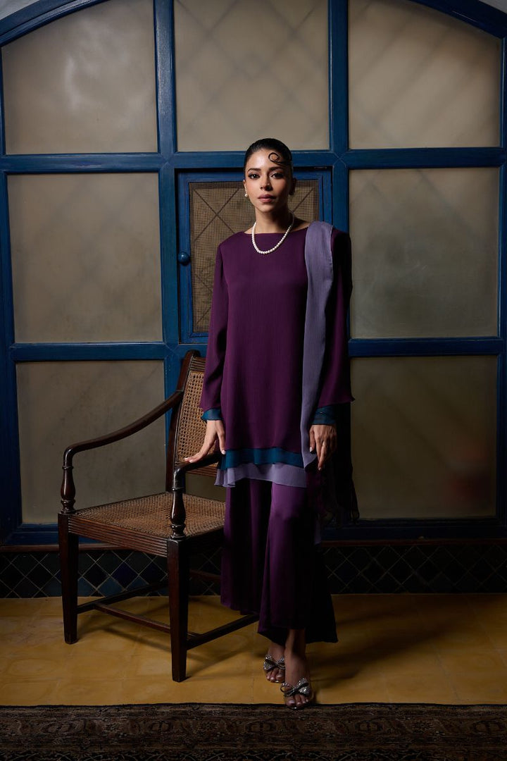 Gulabo - AMYTHEST - Blended Chiffon + Satin Silk - Purple Emerald/Grey - 3 Piece