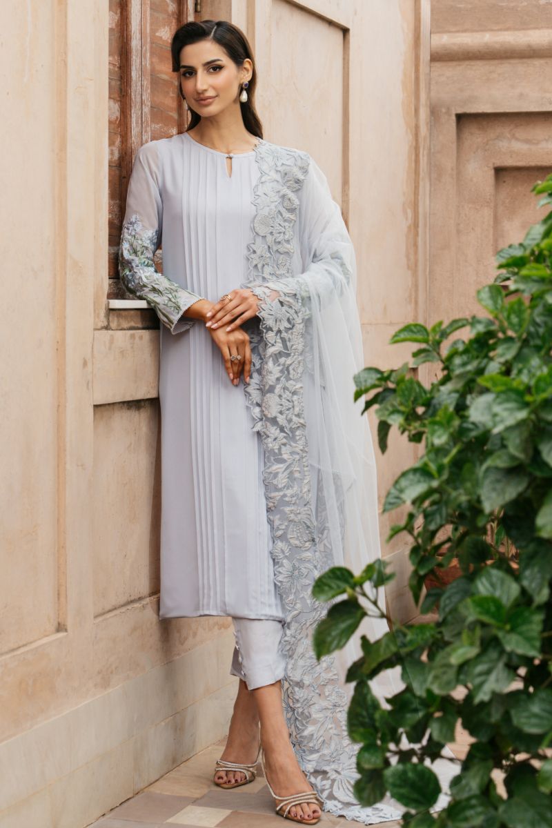 Natasha Kamal - MEYER - light grey blue - Georgette Chiffon, Silk & Net - 3 Piece