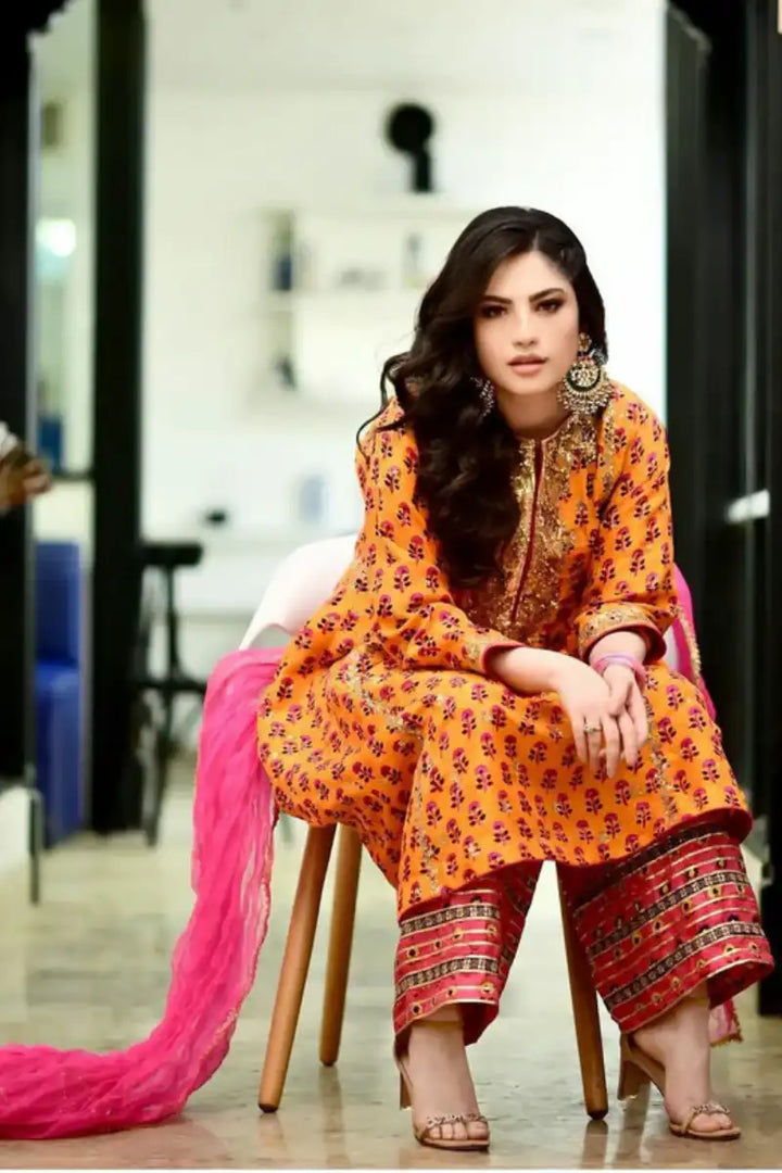 Pinktree - Neelum Munir Outfit - Orange & Hot Pink - Silk - 3 Piece