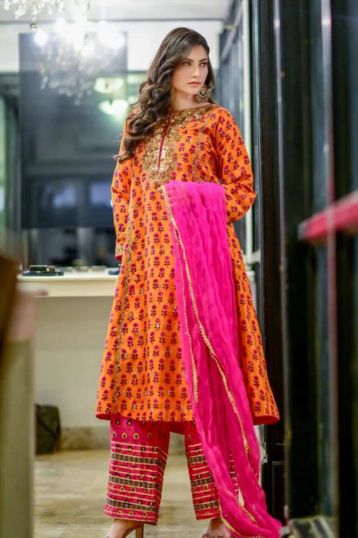 Pinktree - Neelum Munir Outfit - Orange & Hot Pink - Silk - 3 Piece