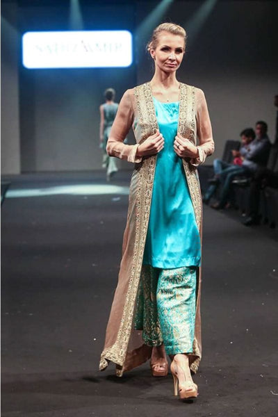 Sadia Aamir - Nefertiti Blue - Turquoise & Beige - Silk, Chiffon & Jamawar - 3 Piece - Studio by TCS