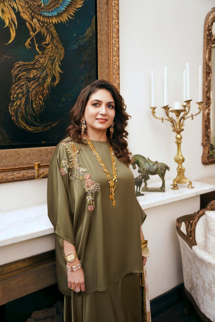 Nilofer Shahid - Eshan Touleen Silk - Olive Green - 2 Piece