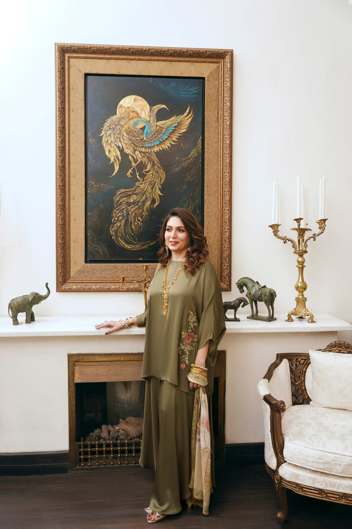 Nilofer Shahid - Eshan Touleen Silk - Olive Green - 2 Piece