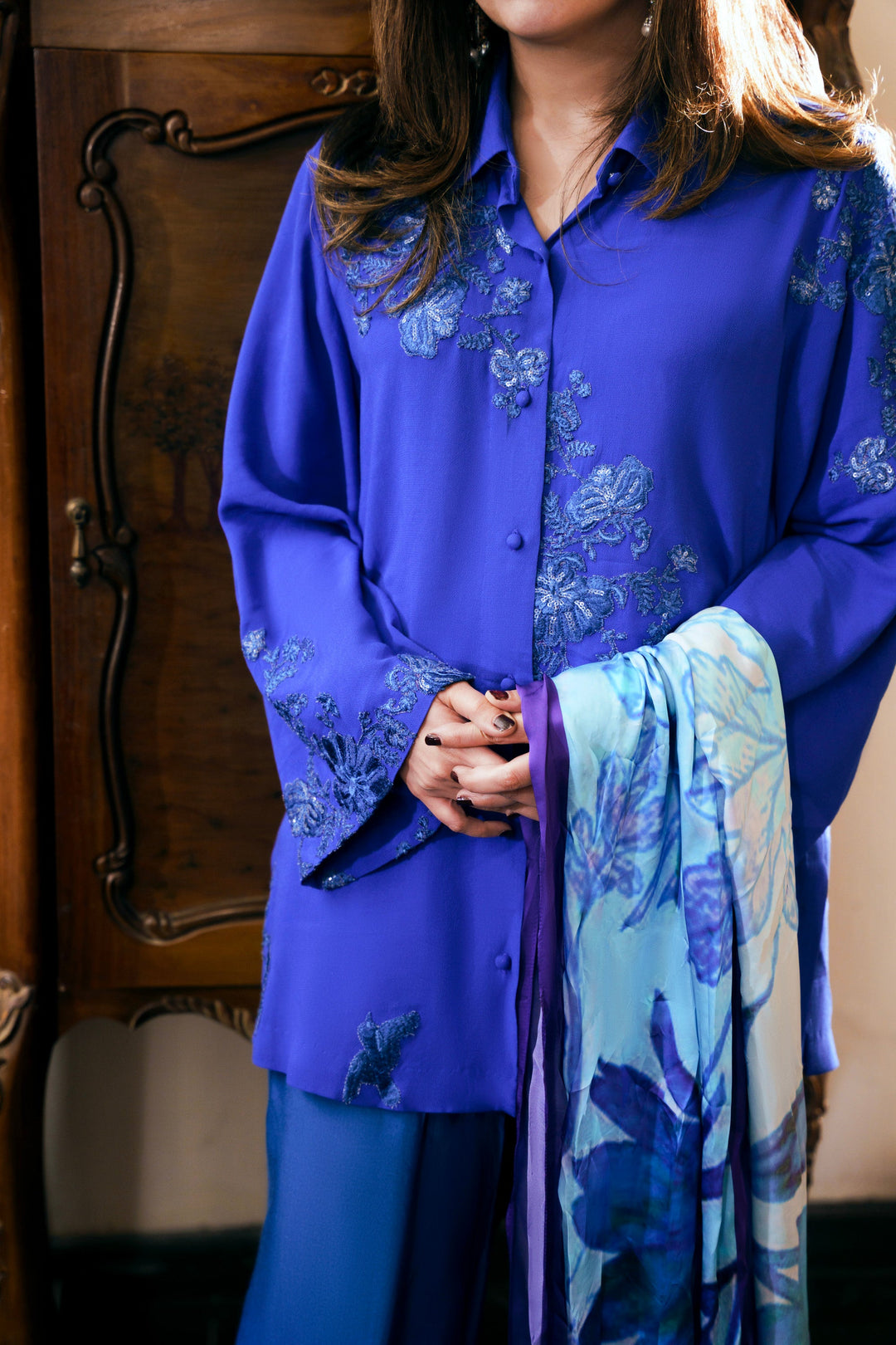 Nilofer Shahid - Nida Chiffon Silk - Blue - 2 Piece