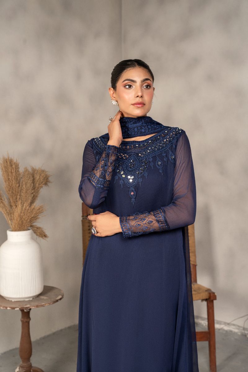 Laleen - Noir Chiffon Suit For Women - Blue - 3 Piece