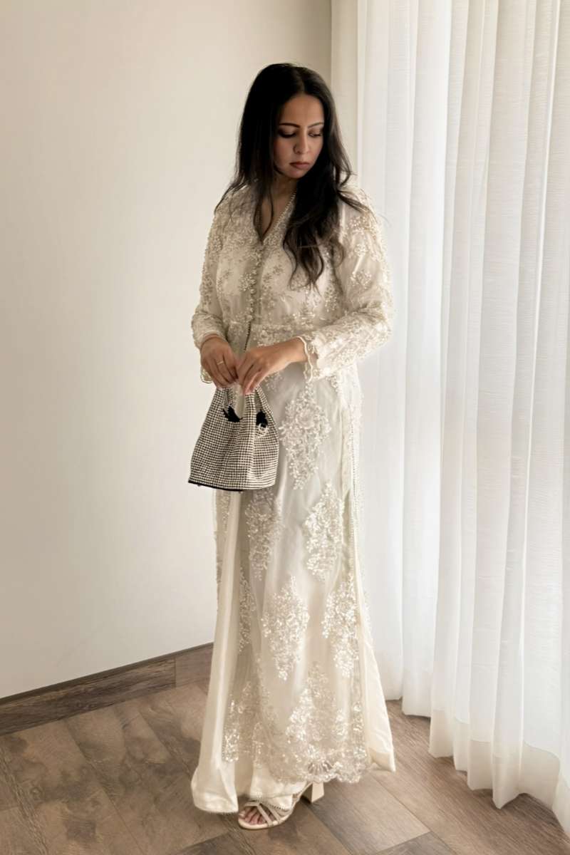 Minutiae - Noureh - Korean Embroider Net/Korean Raw Silk - Off White/Silver - 3 Piece