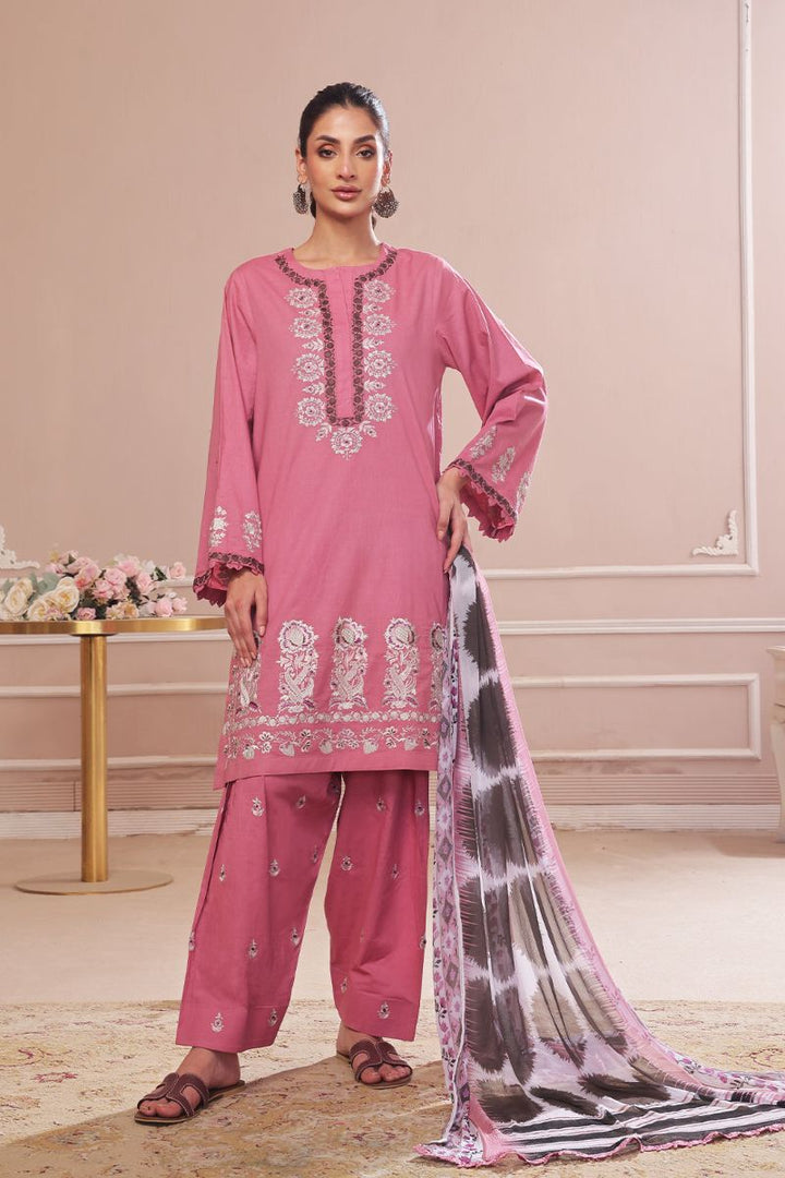 Oaks - Embroidered Pret & Unstitched Suit Dyed Slub Cambric Tea Pink - 3 Piece