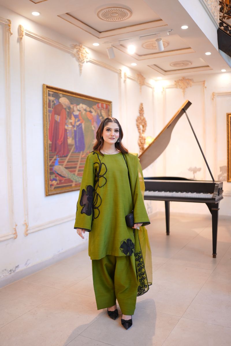 Fozia Khalid - OLIVE Green - Silk & Organza - 3 Piece