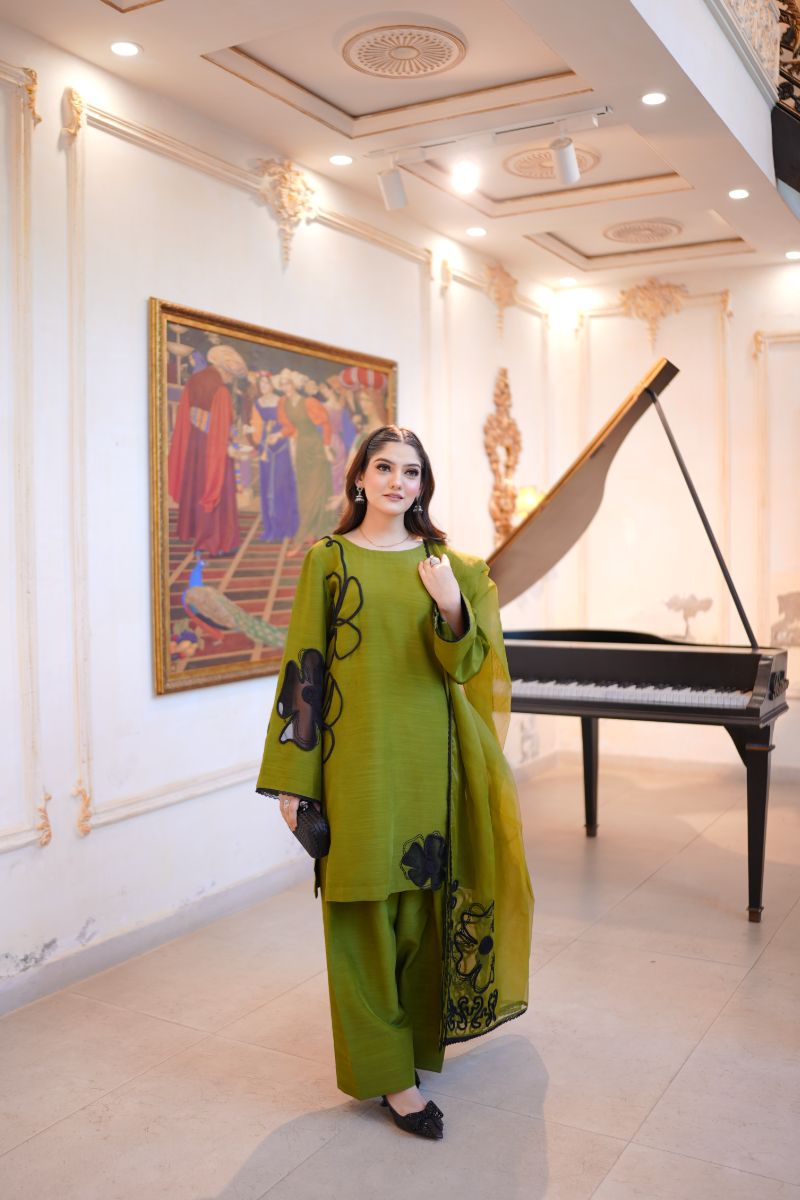Fozia Khalid - OLIVE Green - Silk & Organza - 3 Piece