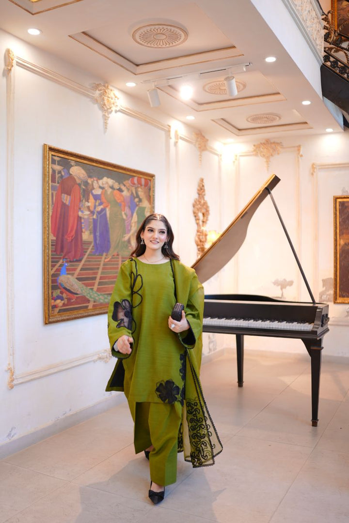 Fozia Khalid - OLIVE Green - Silk & Organza - 3 Piece