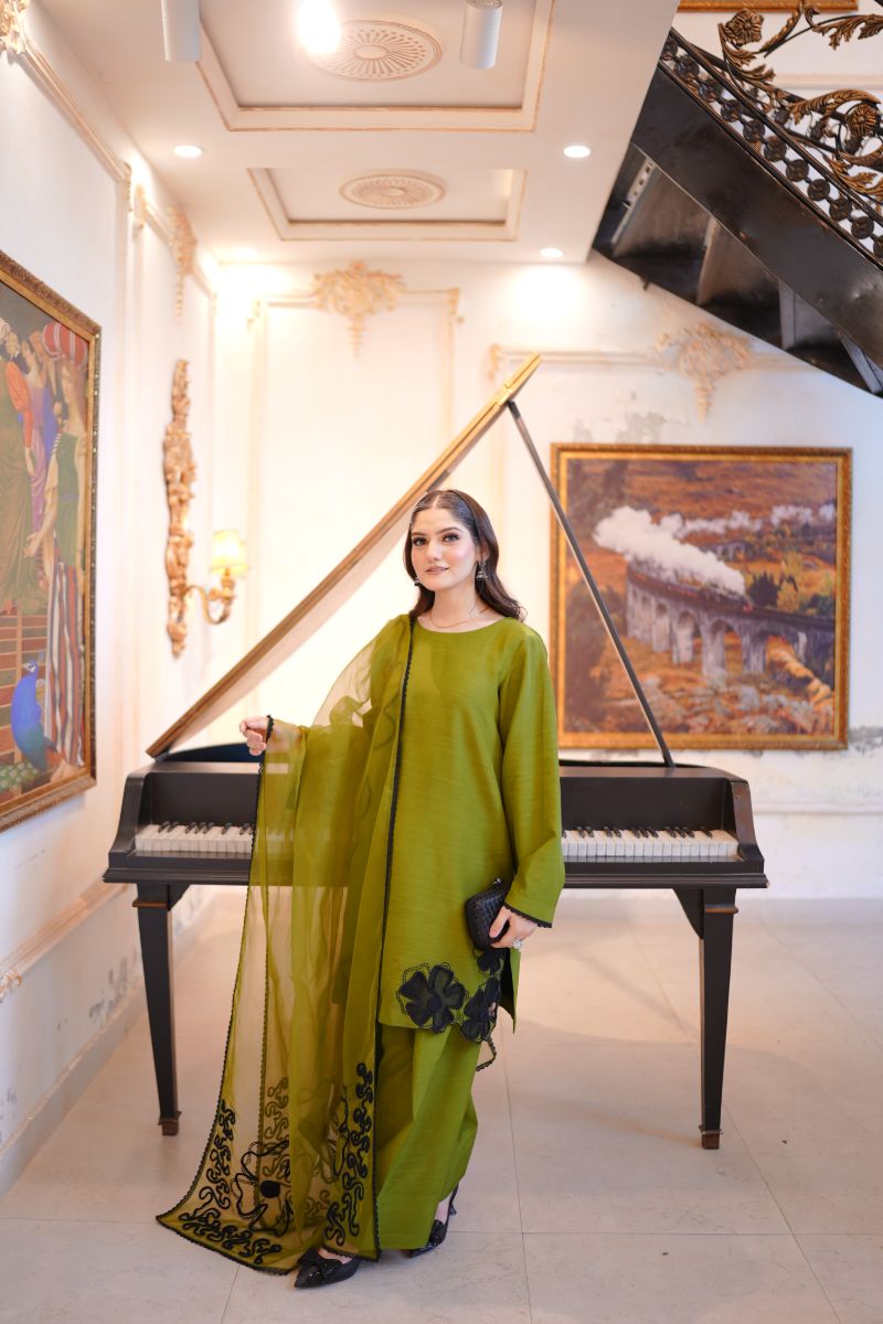 Fozia Khalid - OLIVE Green - Silk & Organza - 3 Piece