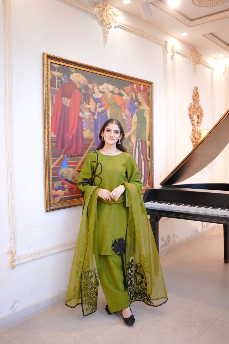 Fozia Khalid - OLIVE Green - Silk & Organza - 3 Piece