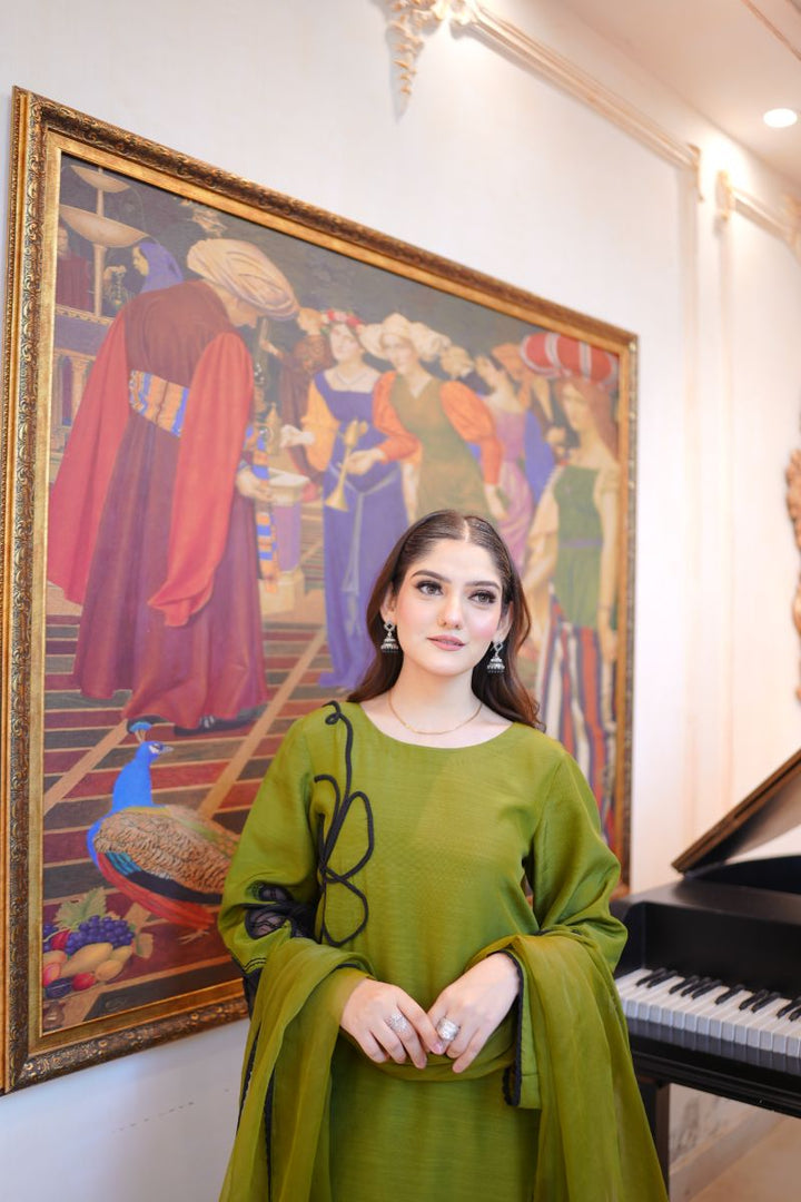 Fozia Khalid - OLIVE Green - Silk & Organza - 3 Piece