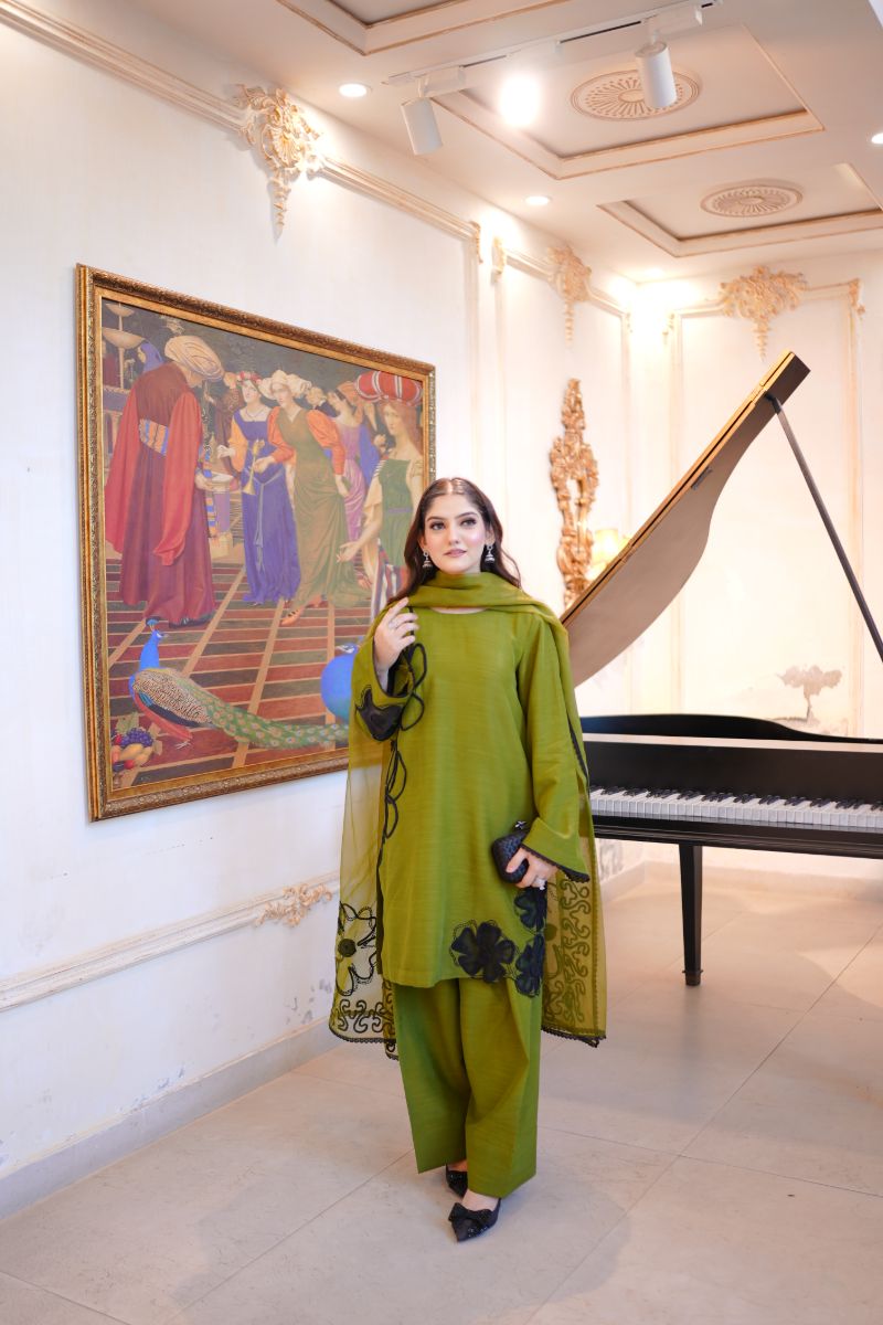 Fozia Khalid - OLIVE Green - Silk & Organza - 3 Piece