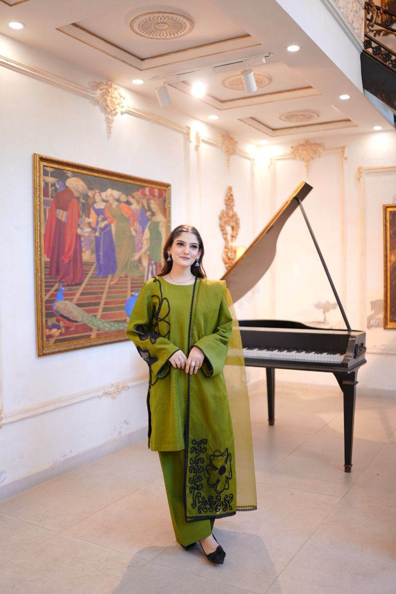 Fozia Khalid - OLIVE Green - Silk & Organza - 3 Piece
