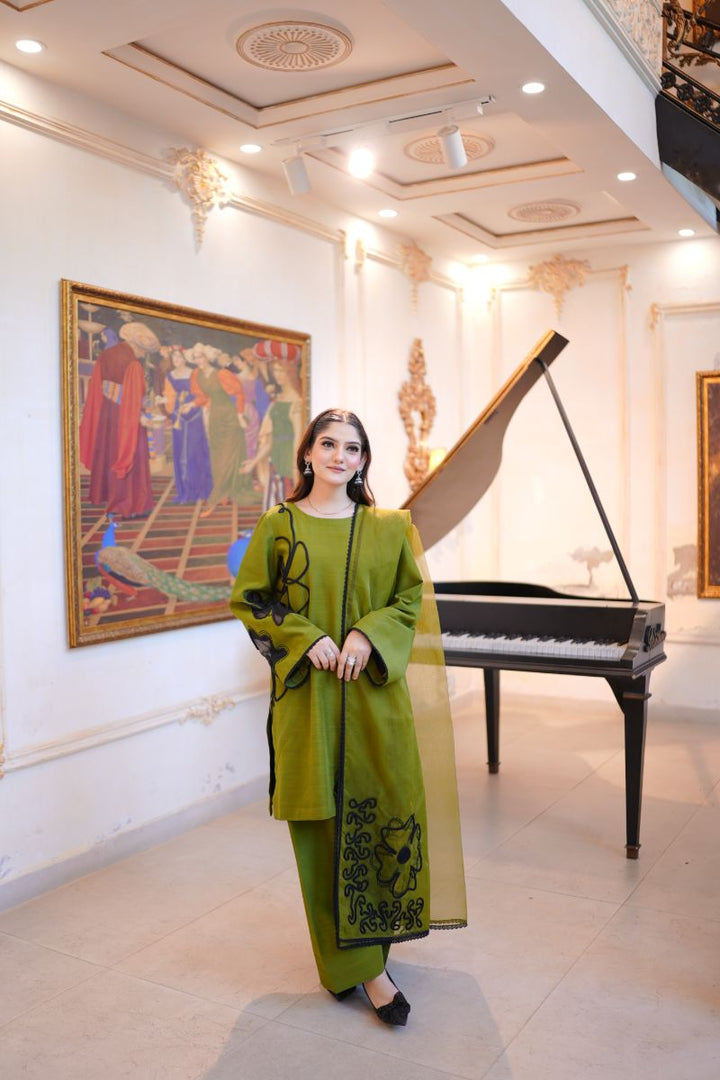 Fozia Khalid - OLIVE Green - Silk & Organza - 3 Piece