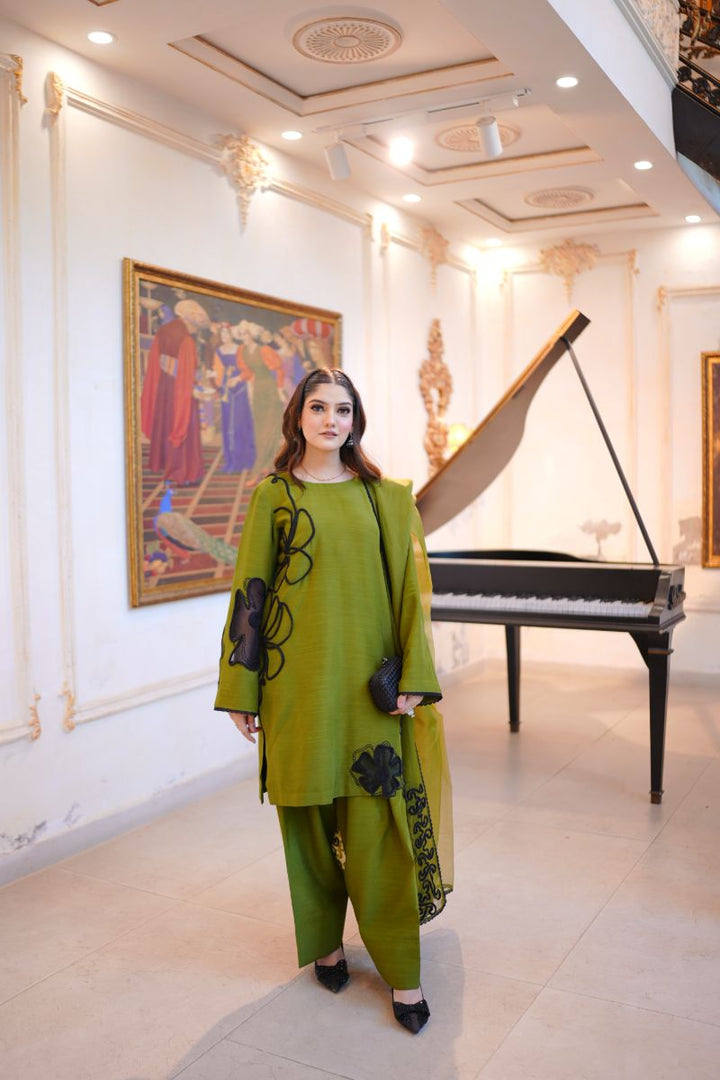 Fozia Khalid - OLIVE Green - Silk & Organza - 3 Piece