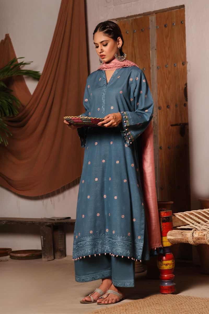 Oaks - 3 Piece Embroidered Unstitched Khaddar Teal - OWEKH3P-6268-A