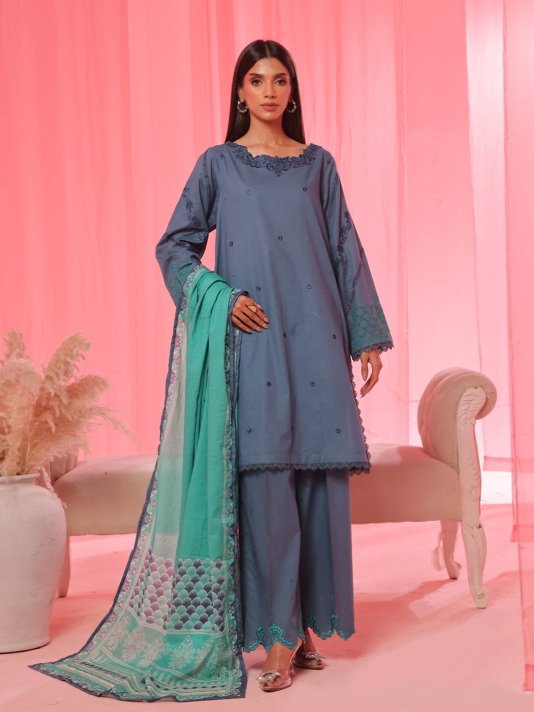 Oaks - Cambric Embroidered Pret Suit For Women - Blue - 3 Piece