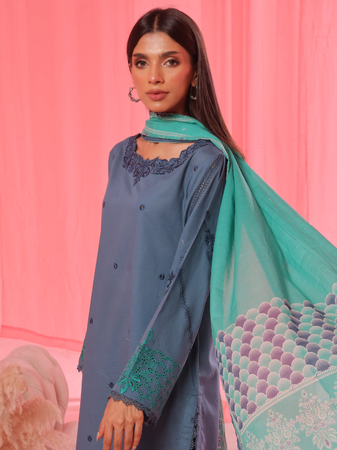 Oaks - Cambric Embroidered Pret Suit For Women - Blue - 3 Piece
