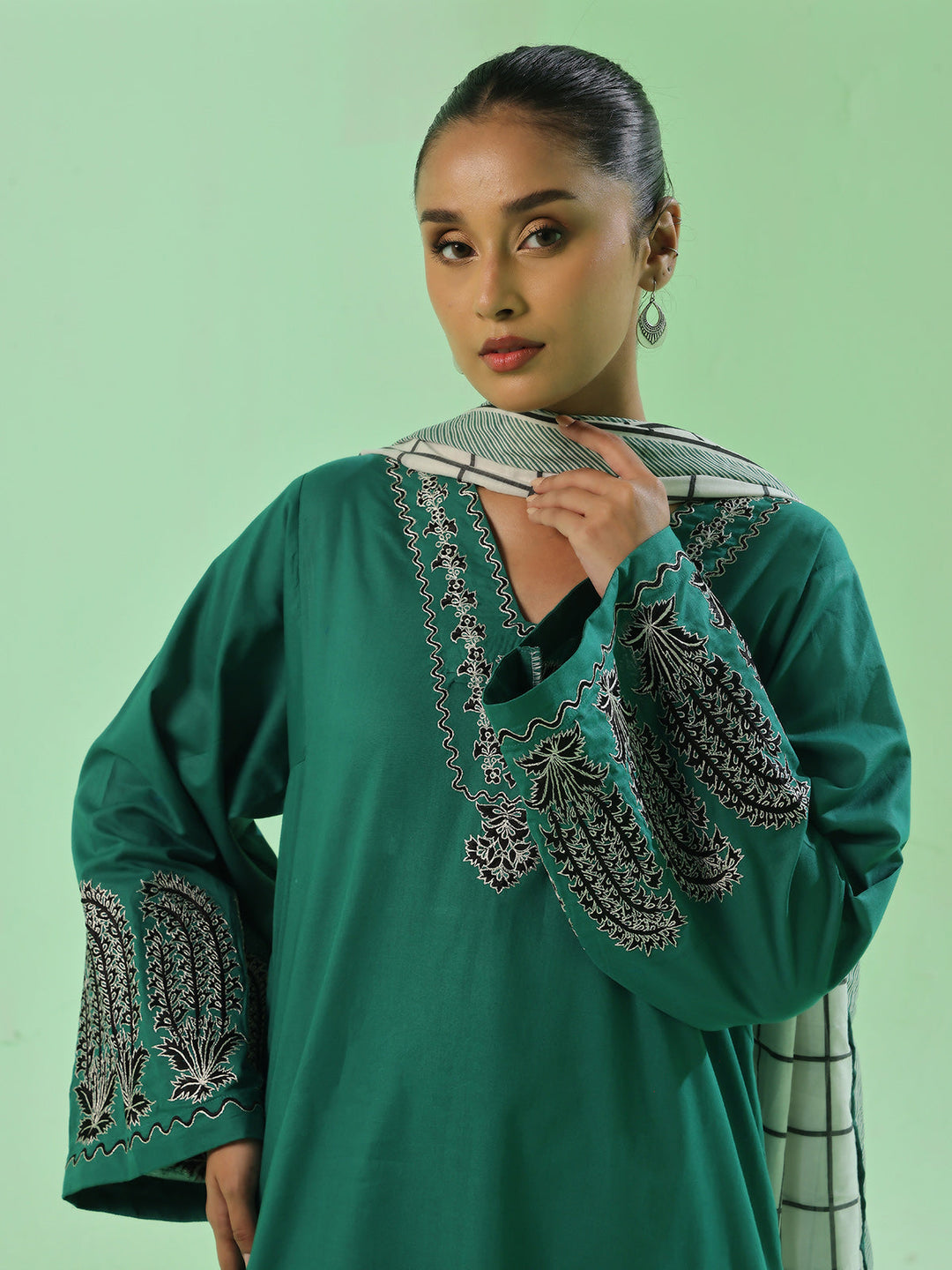 Oaks - Cambric Embroidered Pret Suit For Women - Green - 3 Piece
