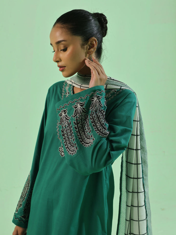 Oaks - Cambric Embroidered Pret Suit For Women - Green - 3 Piece