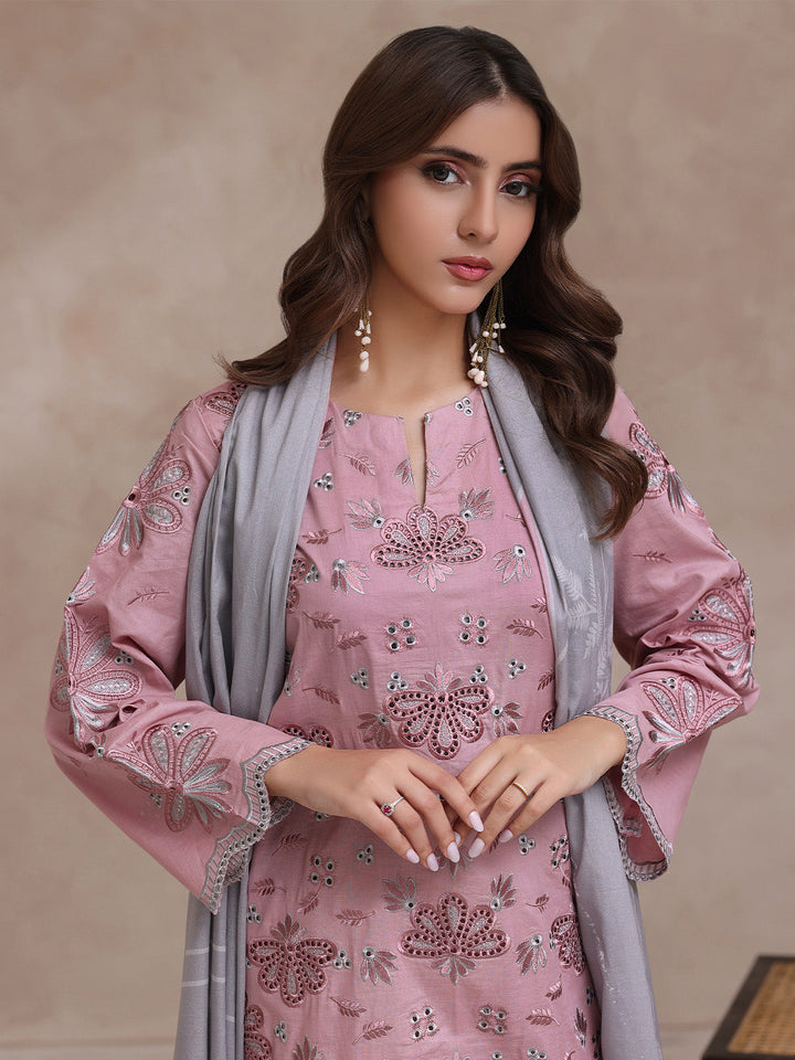 Oaks - Cambric Embroidered Pret Suit For Women - Pink - 3 Piece