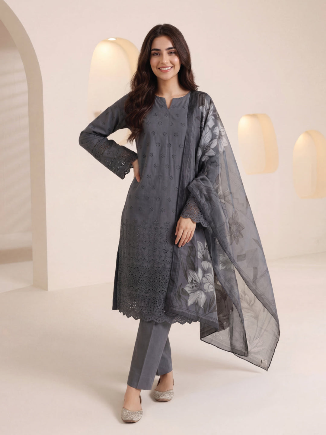 Oaks - ChickenKaari Unstitch Suit For Women - Dark Grey - 3 Piece
