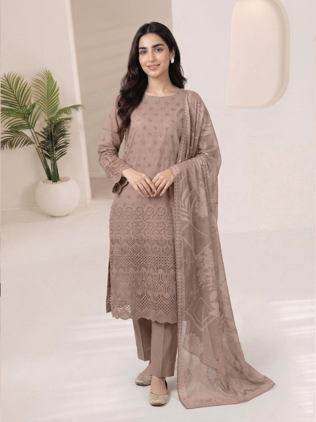 Oaks - ChickenKaari Unstitch Suit For Women - Light Brown - 3 Piece