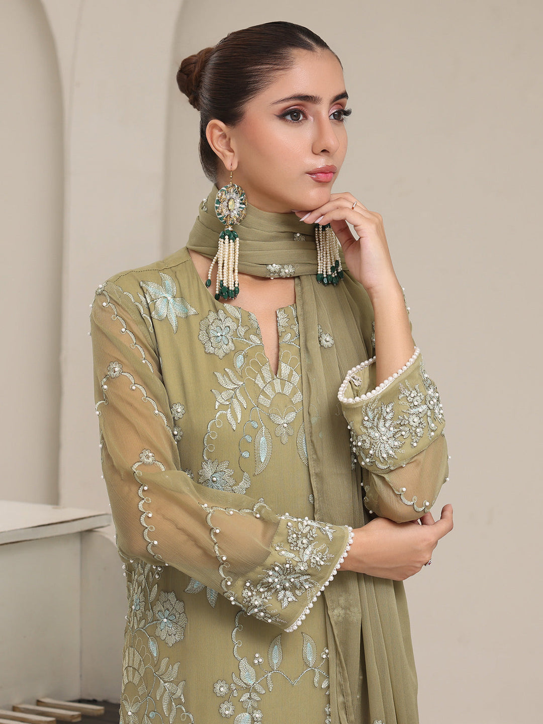 Oaks - Chiffon Embroidered Pret Suit For Women - Green - 3 Piece