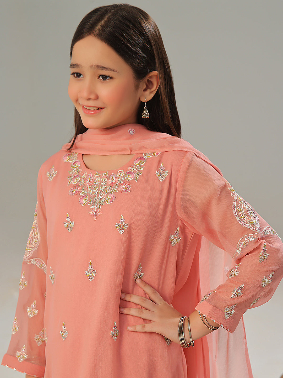 Oaks - Chiffon Embroidered Pret Suit For Women - Peach - 3 Piece