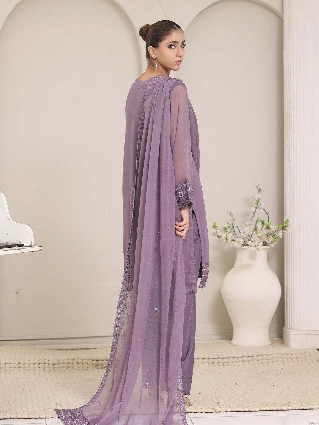 Oaks - Chiffon Embroidered Pret Suit For Women - Purple - 3 Piece