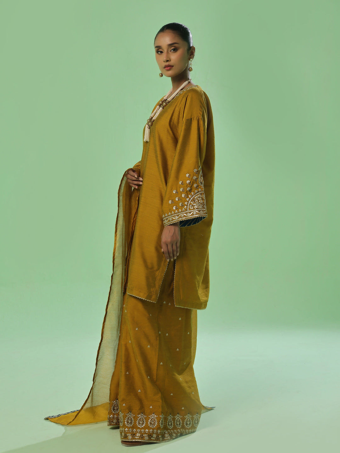 Oaks - Cotton Silk Embroidered Pret Suit For Women - Mustard - 3 Piece