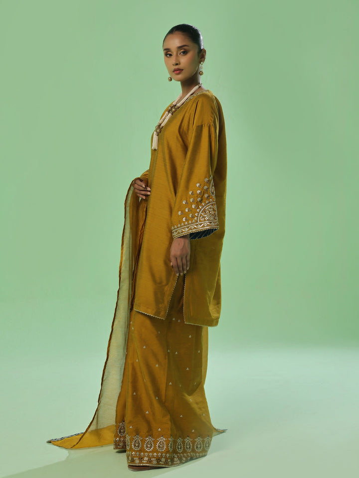 Oaks - Cotton Silk Embroidered Pret Suit For Women - Mustard - 3 Piece