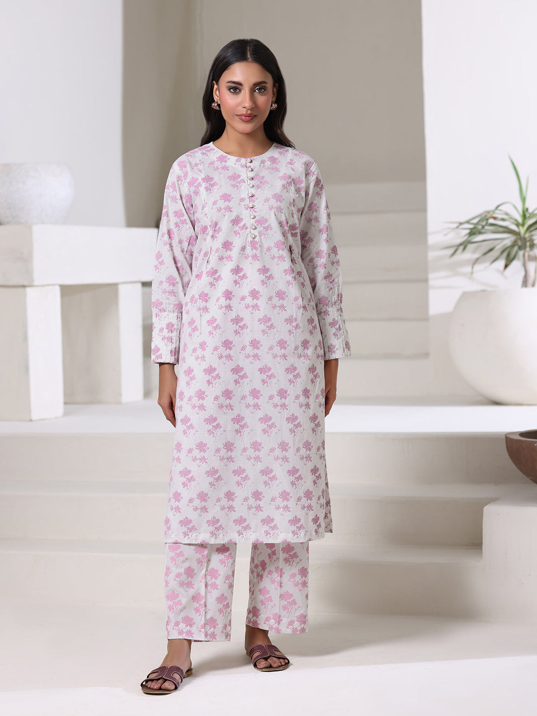 Oaks - Dyed Cambric Screen Print Shirt For Women - White & Pink - 1 Piece